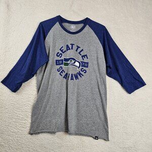 47 Brand Seattle Seahawks Shirt Women's Large Blue Gray Raglan 3/4 Sleeve NFL